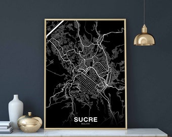 SUCRE Bolivia map poster black white Hometown City Print Modern Home Decor Office Decoration Wall Art Dorm Bedroom Gift