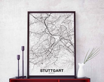 STUTTGART Germany map poster black white Hometown City Print Modern Home Decor Office Decoration Wall Art Dorm Bedroom Gift