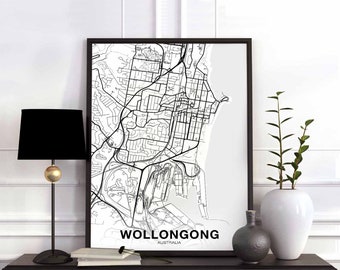 WOLLONGONG Australia map poster black white Hometown City Print Modern Home Decor Office Decoration Wall Art Dorm Bedroom Gift