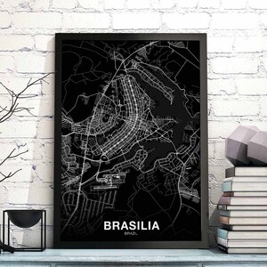 Póster de mapa de Brasilia, Brasil, en blanco y negro, ciudad natal, impresión moderna, decoración del hogar, decoración de la oficina, arte de pared, dormitorio, regalo