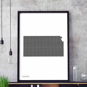 KANSAS EUA estado pontos mínimos retro mapa pôster preto branco decoração de parede design moderno suíço escandinavo nórdico inauguração de casa viagem