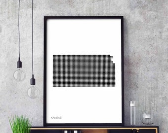 KANSAS US state minimal dots retro map poster black white wall decor design modern swiss scandinavian nordic housewarming travel