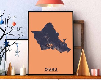 OAHU Island Hawaii HI US map poster color Hometown City Print Modern Home Decor Office Decoration Wall Art Dorm Bedroom Gift