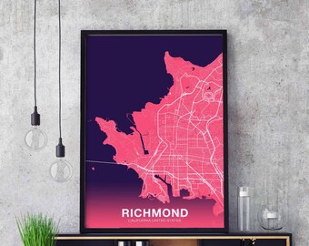 RICHMOND California CA US map poster color Hometown City Print Modern Home Decor Office Decoration Wall Art Dorm Bedroom Gift