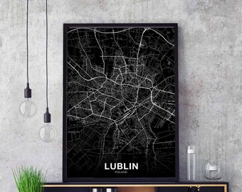 LUBLIN Poland map poster black white Hometown City Print Modern Home Decor Office Decoration Wall Art Dorm Bedroom Gift