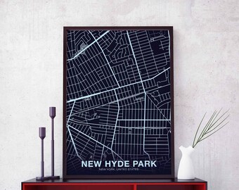 NEW HYDE PARK New York ny us map poster night blue Hometown City Print Modern Home Decor Office Decoration Wall Art Dorm Bedroom Gift