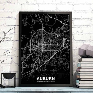 AUBURN Alabama AL US Karte Poster schwarz weiß Hometown City Print Modernes Wohndekor Büro Dekoration Wand Kunst Wohnheim Schlafzimmer Geschenk