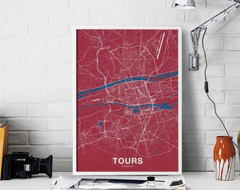 TOURS France map poster colors Hometown City Print Modern Home Decor Office Decoration Wall Art Dorm Bedroom Gift