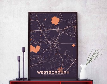WESTBOROUGH Massachusetts MA US map poster color Hometown City Print Modern Home Decor Office Decoration Wall Art Dorm Bedroom Gift