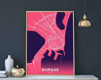 BURGAS Bulgaria map poster color Hometown City Print Modern Home Decor Office Decoration Wall Art Dorm Bedroom Gift