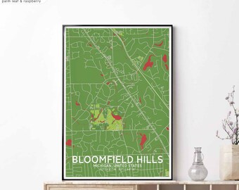 BLOOMFIELD HILLS Michigan USA map poster black white Hometown City Print Modern Home Decor Office Decoration Wall Art Dorm Bedroom Gift