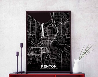 RENTON Washingon WA USA map poster black white Hometown City Print Modern Home Decor Office Decoration Wall Art Dorm Bedroom Gift