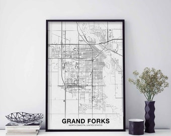 GRAND FORKS North Dakota ND usa map poster black white Hometown City Print Modern Home Decor Office Decoration Wall Art Dorm Bedroom Gift