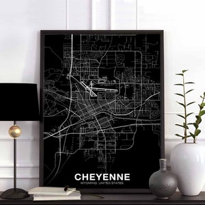 CHEYENNE Wyoming WY USA carte affiche noir blanc ville natale ville impression moderne décor à la maison bureau décoration mur art dortoir chambre cadeau