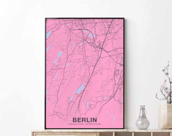 BERLIN Connecticut CT us map poster color Hometown City Print Modern Home Decor Office Decoration Wall Art Dorm Bedroom Gift