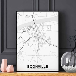 BOONVILLE Missouri MO usa kaart poster zwart wit woonplaats stad print modern interieur kantoordecoratie kunst aan de muur slaapzaal slaapkamer cadeau