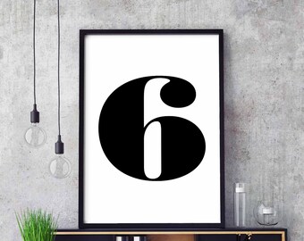 Six '6' number character type poster black white wall decor design motto swiss scandinavian minimal art modern quote nordic