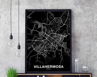 VILLAHERMOSA Mexico map poster black white Hometown City Print Modern Home Decor Office Decoration Wall Art Dorm Bedroom Gift