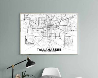 TALLAHASSEE Florida FL USA map poster black white Hometown City Print Modern Home Decor Office Decoration Wall Art Dorm Bedroom Gift