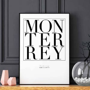 Monterrey minimal typography art print poster black white wall decor design modern swiss scandinavian nordic inspiration city