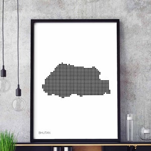 Butão pontos mínimos retro mapa pôster preto branco decoração de parede design moderno suíço escandinavo nórdico inauguração de casa viagem quarto