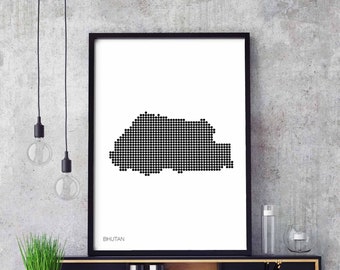 BHUTAN minimal dots retro map poster black white wall decor design modern swiss scandinavian nordic housewarming travel bedroom