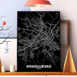 KRAGUJEVAC serbie carte affiche noir blanc ville natale ville impression moderne décor à la maison bureau décoration mur art dortoir chambre cadeau