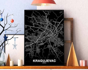 KRAGUJEVAC Serbia map poster black white Hometown City Print Modern Home Decor Office Decoration Wall Art Dorm Bedroom Gift