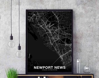 NEWPORT NEWS Virginia VA usa map poster black white Hometown City Print Modern Home Decor Office Decoration Wall Art Dorm Bedroom Gift