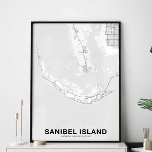 SANIBEL ISLAND Florida FL usa kaart poster zwart wit woonplaats stad print modern interieur kantoordecoratie kunst aan de muur slaapzaal slaapkamer cadeau