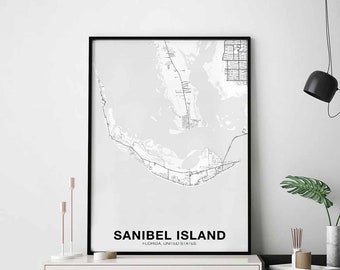 SANIBEL ISLAND Florida FL usa map poster black white Hometown City Print Modern Home Decor Office Decoration Wall Art Dorm Bedroom Gift
