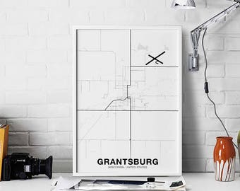 GRANTSBURG Wisconsin WI USA map poster black white Hometown City Print Modern Home Decor Office Decoration Wall Art Dorm Bedroom Gift