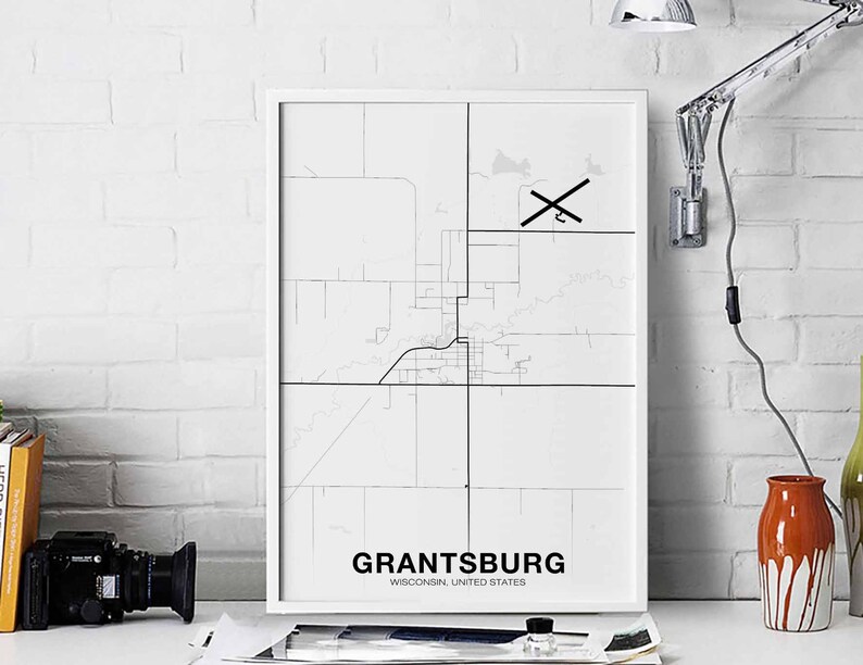GRANTSBURG Wisconsin WI USA Map Poster Black White Hometown Etsy