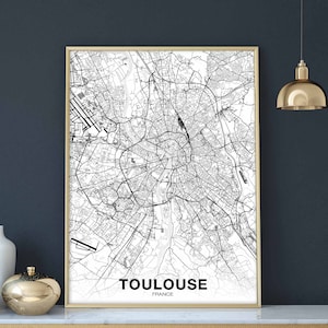 TOULOUSE Frankreich Karte Poster schwarz weiß Heimatstadt Stadt Print Modernes Wohndekor Büro Dekoration Wand Kunst Wohnheim Schlafzimmer Geschenk