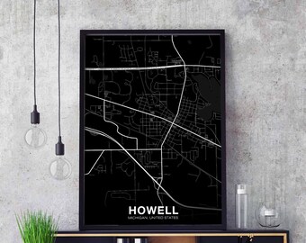 HOWELL Michigan MI US map poster black white Hometown City Print Modern Home Decor Office Decoration Wall Art Dorm Bedroom Gift