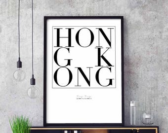 Hong Kong minimal typography art print poster black white wall decor design modern swiss scandinavian nordic inspiration city