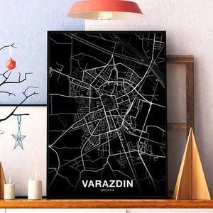 VARAZDIN, croatie, carte, affiche, noir blanc, ville natale, ville, impression, moderne, décoration intérieure, bureau, décoration, mur, art, dortoir, chambre, cadeau