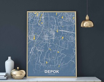 DEPOK Indonesia map poster color Hometown City Print Modern Home Decor Office Decoration Wall Art Dorm Bedroom Gift