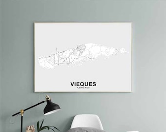 VIEQUES Island Puerto Rico map poster black white Hometown City Print Modern Home Decor Office Decoration Wall Art Dorm Bedroom Gift