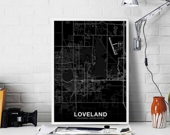 LOVELAND Colorado CO USA map poster black white Hometown City Print Modern Home Decor Office Decoration Wall Art Dorm Bedroom Gift