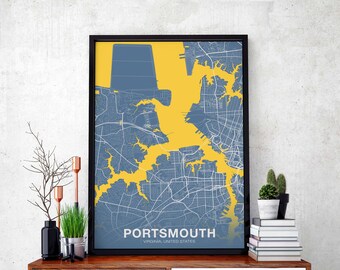 PORTSMOUTH Virginia VA USA map poster color Hometown City Print Modern Home Decor Office Decoration Wall Art Dorm Bedroom Gift