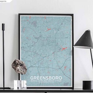 GREENSBORO Caroline du Nord etats-unis carte affiche noir blanc décoration murale design chambre de voyage scandinave moderne minimaliste pendaison de crémaillère