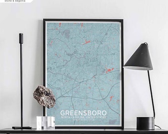 GREENSBORO North Carolina usa map poster black white wall decor design modern scandinavian minimal nordic housewarming travel bedroom