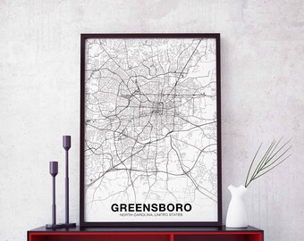 GREENSBORO North Carolina NC USA map poster black white Hometown City Print Modern Home Decor Office Decoration Wall Art Dorm Bedroom Gift