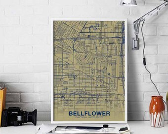 BELLFLOWER California CA US map poster color Hometown City Print Modern Home Decor Office Decoration Wall Art Dorm Bedroom Gift