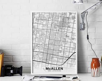 McALLEN Texas TX USA map poster black white  Hometown City Print Modern Home Decor Office Decoration Wall Art Dorm Bedroom Gift