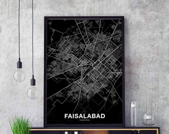 FAISALABAD Pakistan map poster black white Hometown City Print Modern Home Decor Office Decoration Wall Art Dorm Bedroom Gift