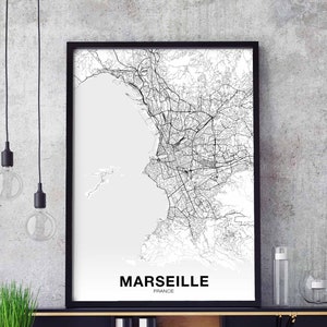 MARSEILLE Frankreich Karte Poster schwarz weiß Heimatstadt Stadt Print Modernes Wohnkultur Büro Dekoration Wand Kunst Wohnheim Schlafzimmer Geschenk