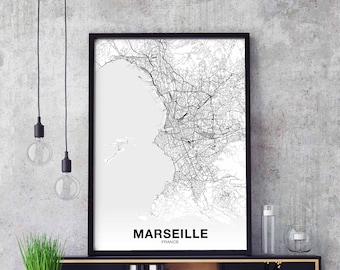 MARSEILLE France map poster black white Hometown City Print Modern Home Decor Office Decoration Wall Art Dorm Bedroom Gift