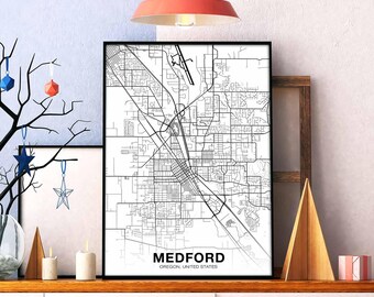 MEDFORD Oregon OR USA map poster black white Hometown City Print Modern Home Decor Office Decoration Wall Art Dorm Bedroom Gift